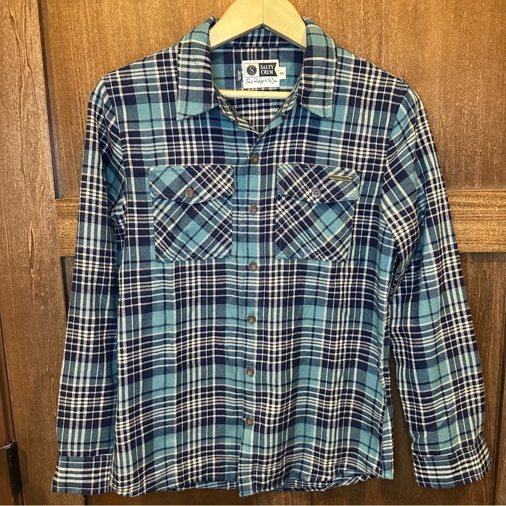 Salty Crew Long Haul Flannel Navy and Teal Plaid Shirt
